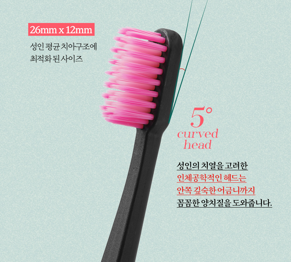 뷰카 오브제 칫솔 헤드 크기 26mm x 12mm와 5도 곡선형 헤드 표기