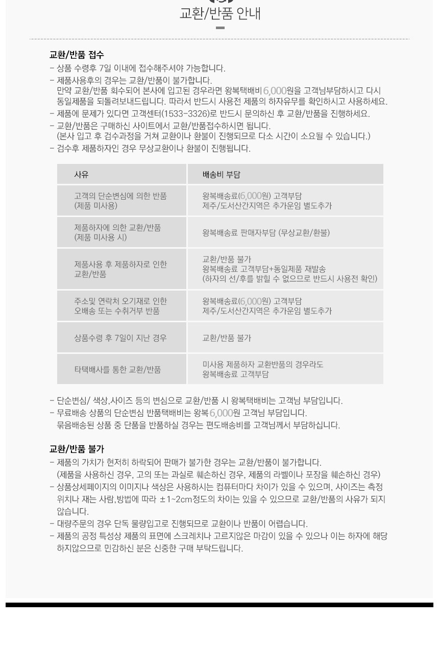 양배추칼 채칼 교환반품 안내 - 수령 후 7일 이내, 제품 사용 후 교환반품 불가, 단순변심 왕복배송료 6000원 고객부담, 스크래치와 고르지 않은 마감은 하자 아님