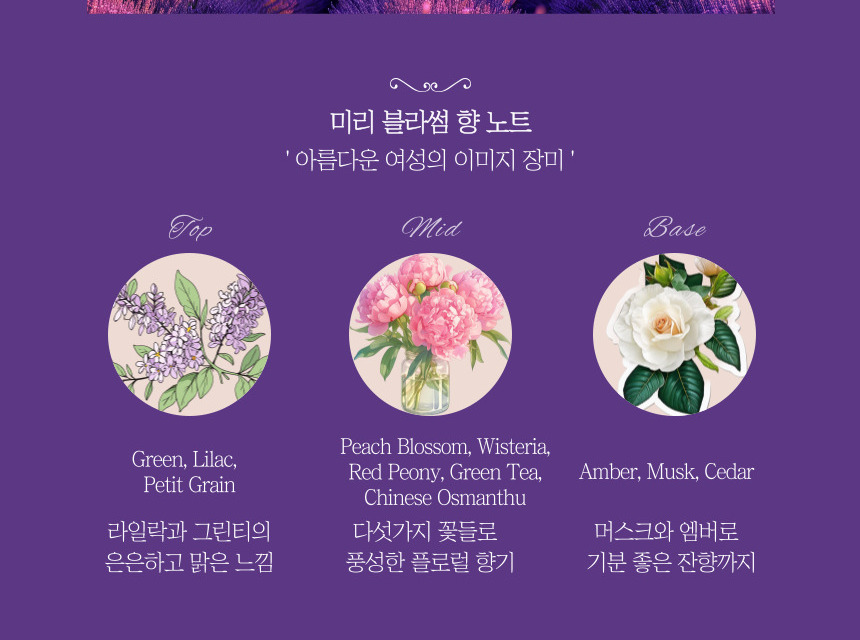 미리 블라썸 향 노트 - Top Green Lilac Petit Grain, Mid Peach Blossom Wisteria Red Peony Green Tea Chinese Osmanthus, Base Amber Musk Cedar