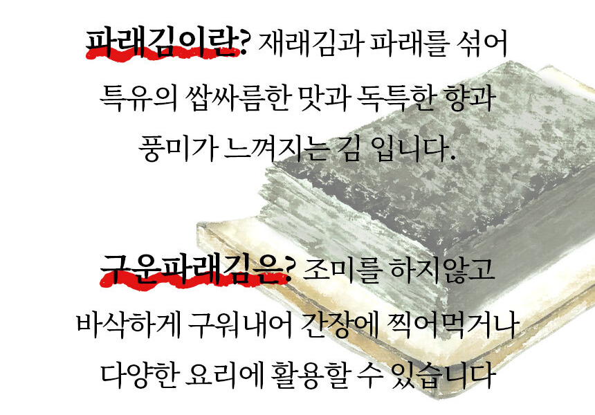 백년건강 상세의 파래김 설명 - 재래김과 파래를 섞어 만든 김
