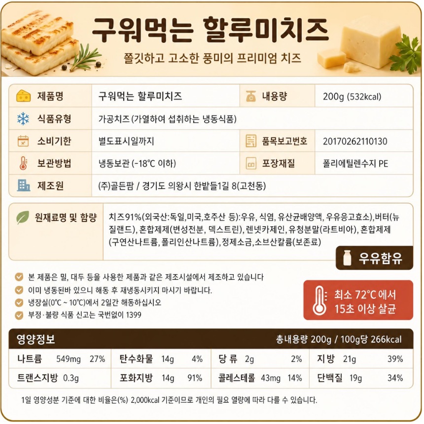 구워먹는 할루미치즈 표시사항과 영양정보 - 원재료명, 나트륨 549mg, 포화지방 14g