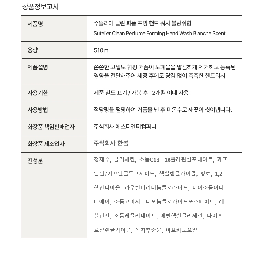수뜰리에 포밍 핸드워시 상품정보고시 - 전성분과 화장품 책임판매업자 표기