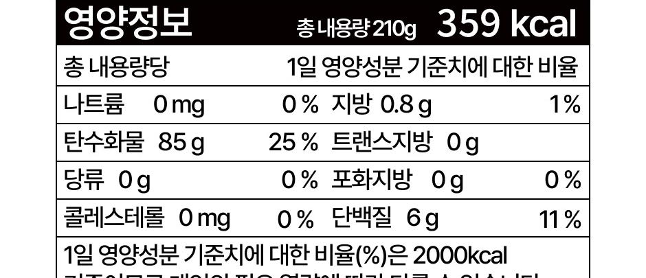 밥클럽 아침밥 상세페이지 영양정보 - 210g 359kcal 탄수화물 85g