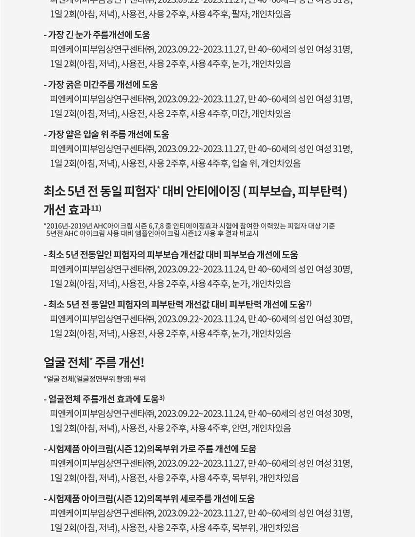AHC 프리미어 앰플 인 아이크림 인체적용시험 조건 - 피엔케이피부임상연구센터, 만 40~60세 성인 여성 30~31명, 1일 2회, 사용 4주 후, 개인차 있음