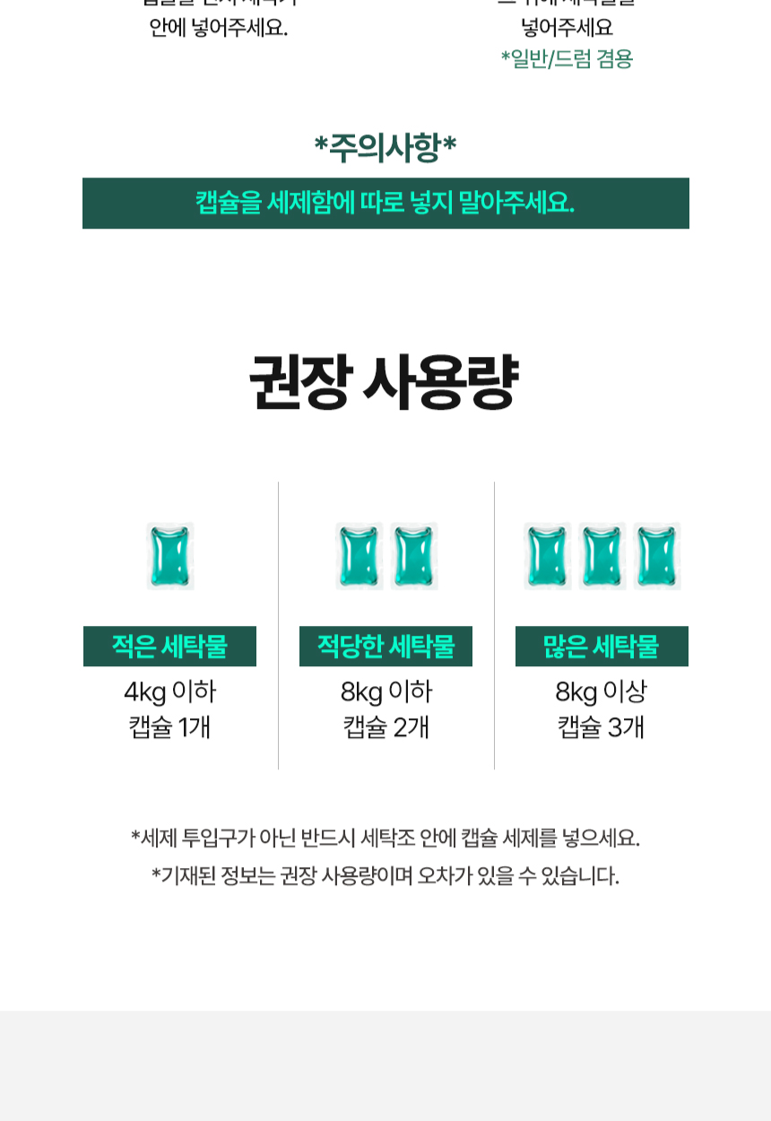 빌리스홈 캡슐세제 상세 권장 사용량 - 4kg 이하 1개, 8kg 이하 2개, 8kg 이상 3개