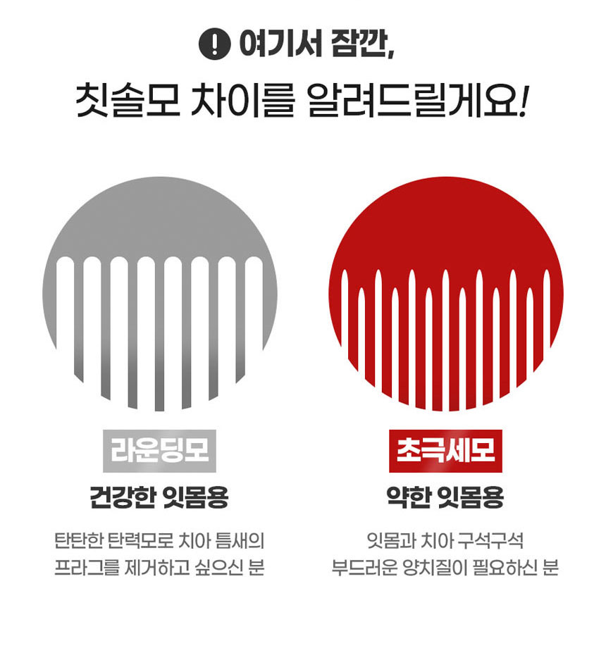 칫솔모 차이 - 라운딩모는 건강한 잇몸용 탄력모, 초극세모는 약한 잇몸용 부드러운모