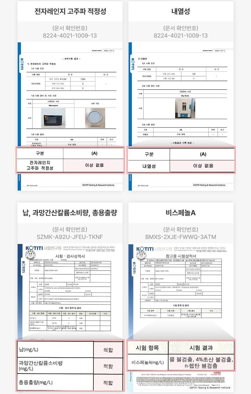 심플쿡 냉동밥 용기 KOTITI 시험성적서 - 전자레인지 고주파 적정성, 내열성, 납, 과망간산칼륨소비량, 총용출량, 비스페놀A 모두 적합