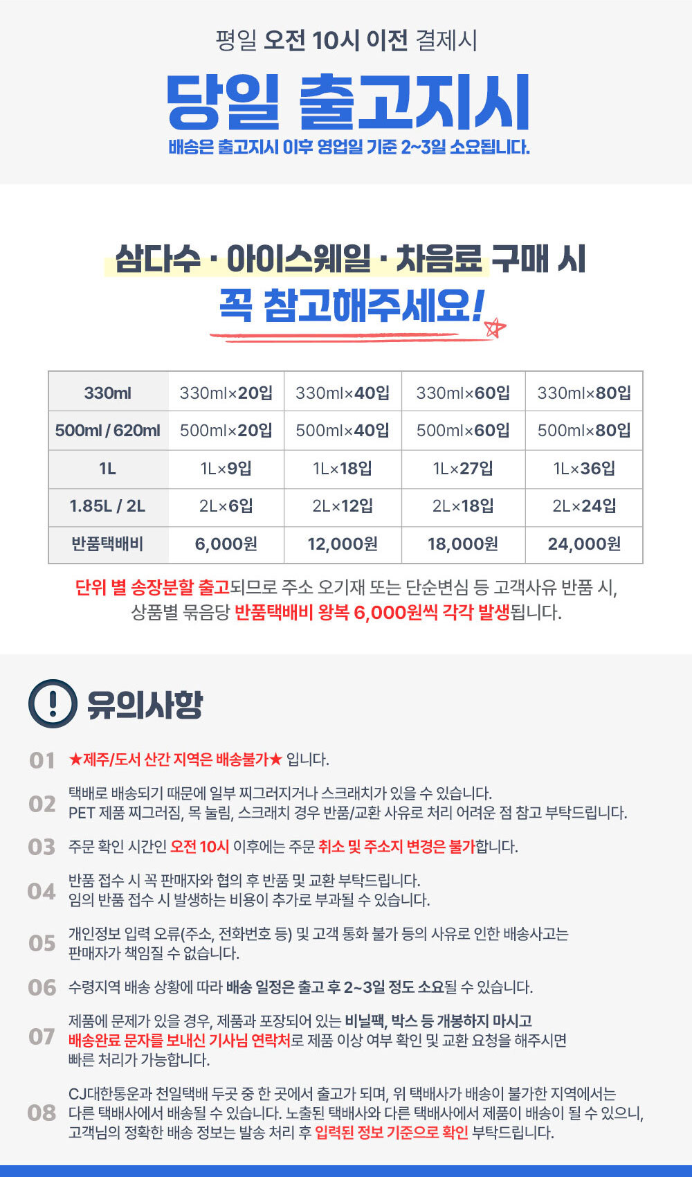 제주 삼다수 배송 유의사항과 반품택배비 표 2L 12입 12,000원
