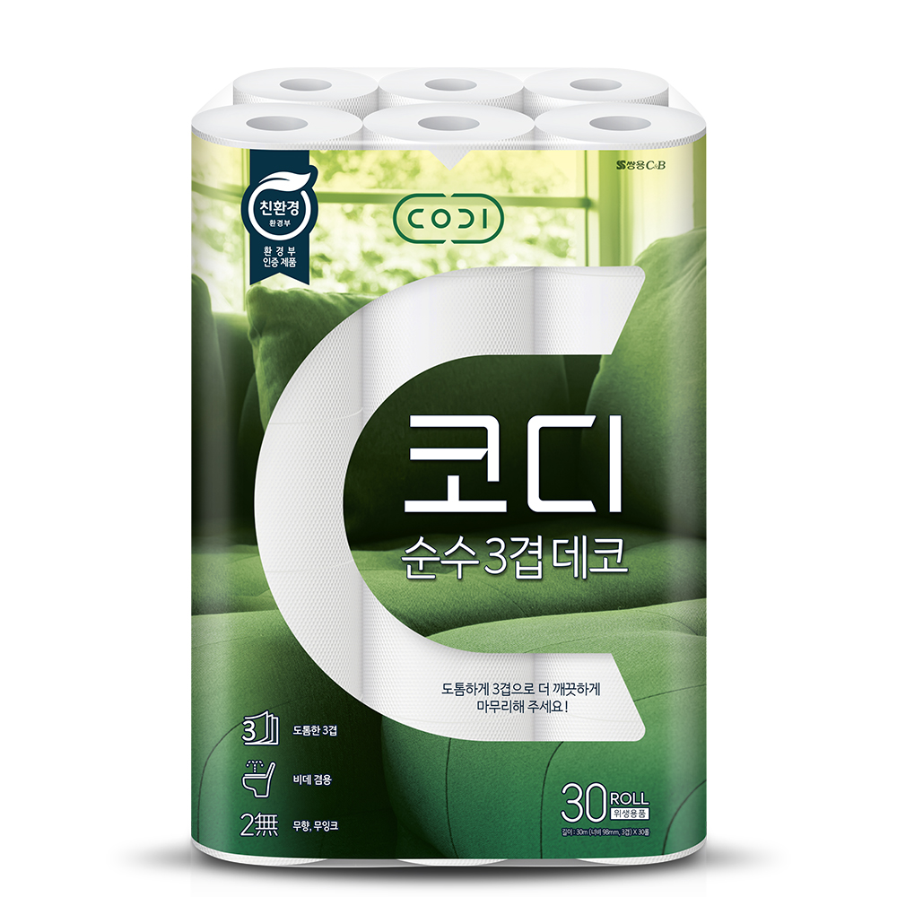 3겹 화장지 추천 보다가 표시사항까지 읽었어요, 냅킨으로 쓰면 안 된다고 적혀 있더라고요 — 코디 순수 3겹 데코 30롤