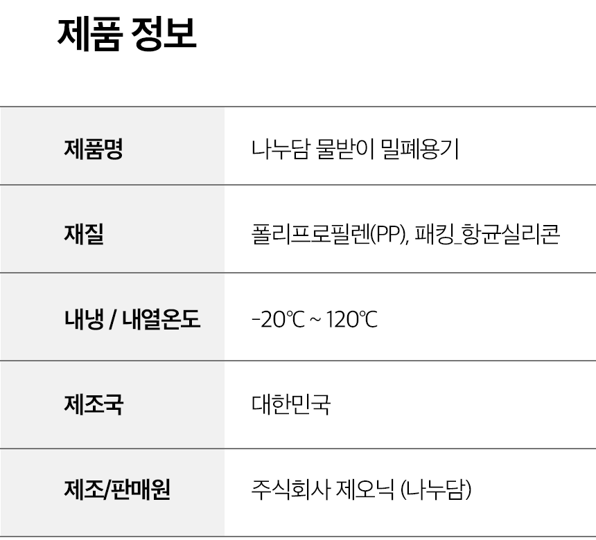 나누담 물받이 밀폐용기 제품 정보, 재질 폴리프로필렌 PP 패킹 항균실리콘, 내냉 내열온도 -20도에서 120도, 제조국 대한민국