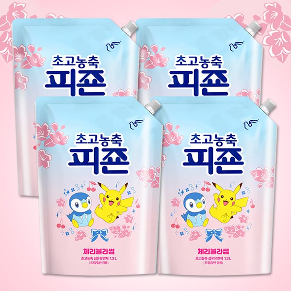 고농축 섬유유연제, 탈취제로도 팔지만 분무기엔 못 쓴다고 적혀 있어요 — 초고농축 피죤 체리블라썸 1.3L 4개