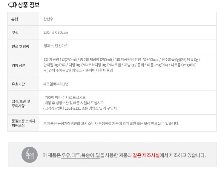 초정탄산수 상품정보 표, 유형 탄산수, 250ml x 30can, 원료 정제수 탄산가스, 열량 0kcal 나트륨 0mg, 유효기간 제조일로부터 2년, 개봉 후 냉장보관