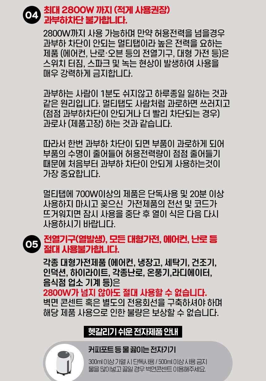 모노케어 멀티탭 주의사항 최대 2800W 과부하차단 불가, 700W 이상 단독사용 20분 이상 사용 금지, 전열기구 대형가전 에어컨 난로 절대 사용불가
