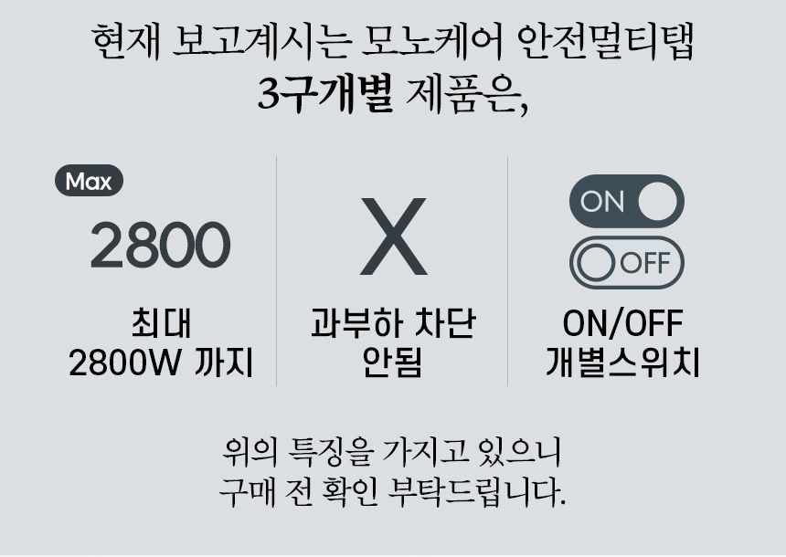 모노케어 안전멀티탭 3구개별 최대 2800W까지, 과부하 차단 안됨, ON OFF 개별스위치 구매 전 확인 안내