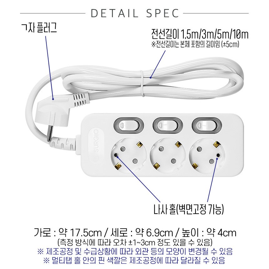 모노케어 3구 개별 멀티탭 상세 스펙 ㄱ자 플러그, 전선길이 1.5m 본체 포함, 나사 홀 벽면고정, 가로 17.5cm 세로 6.9cm 높이 4cm